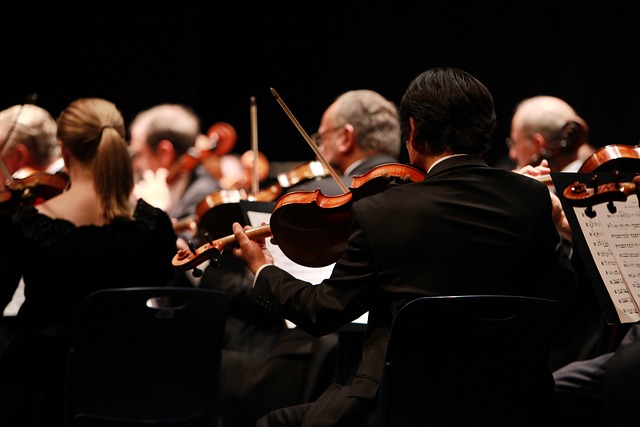 The violins of an orchestra being played at a live performance